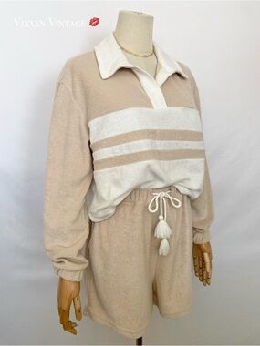 7 FOR ALL MANKIND STRIPED POLO SWEATSHIRT & SHORT TERRY LOUNGE SET IN BEIGE